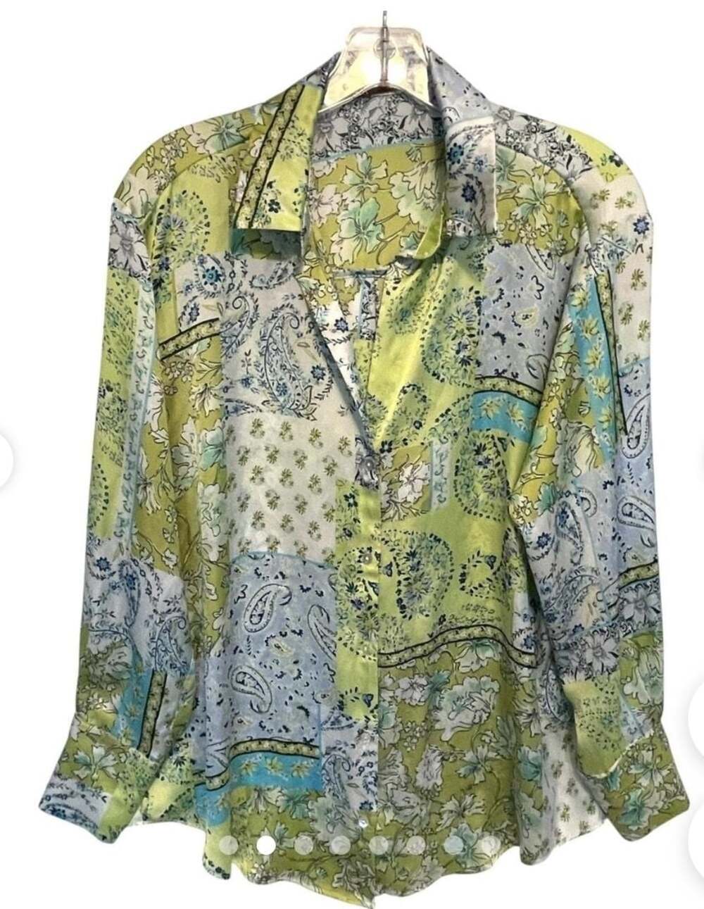 Zara Satin Paisley Patchwork Boho Chic Long Sleeve Button Down Shirt, size XXL - Picture 2 of 8
